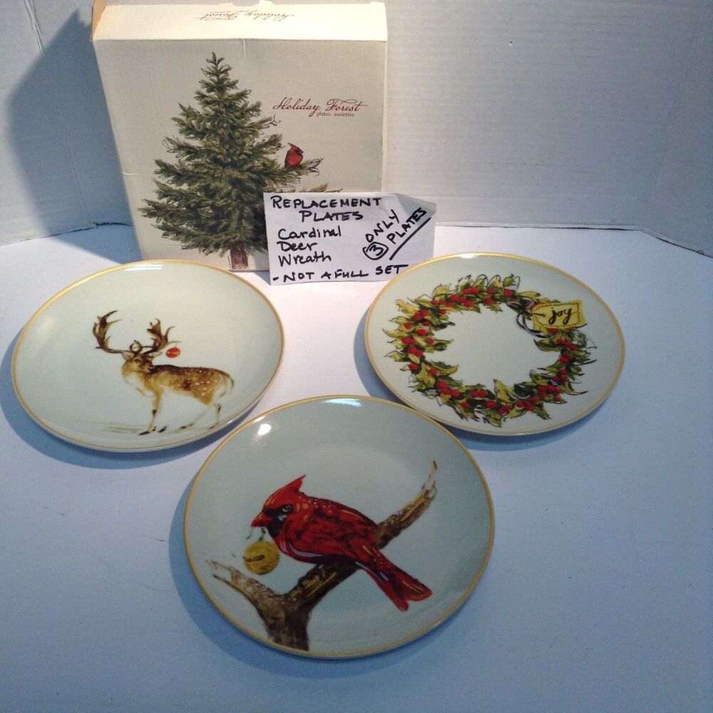 Pottery Barn Holiday Forest 8" Ceramic Salad Plate Deer Cardinal Joy Wreath